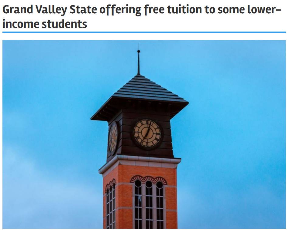 A headline about the Grand Valley Pledge and a photo of the Pew Campus clocktower
